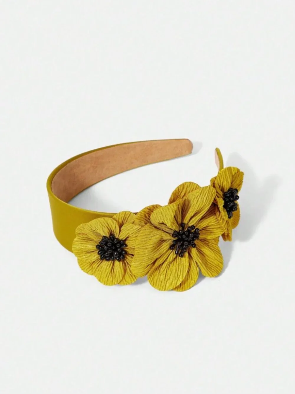 Mustard Yellow Floral Headband with Black Beaded Centers